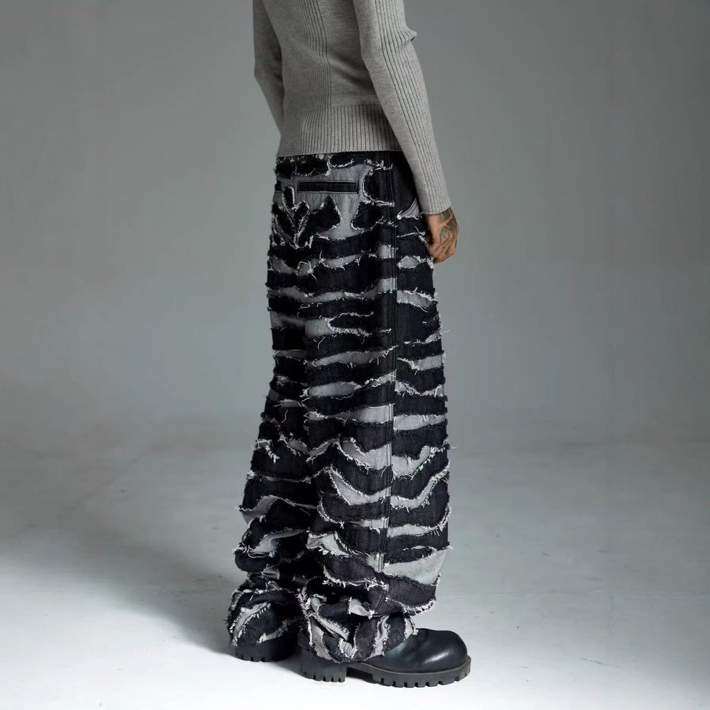 Embroidered zebra striped fringe wide leg denim pants