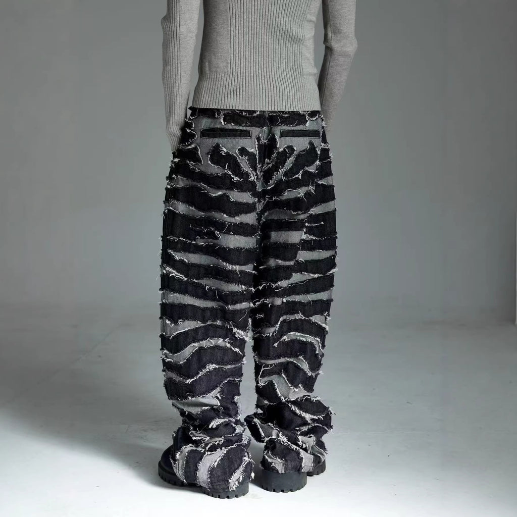 Embroidered zebra striped fringe wide leg denim pants