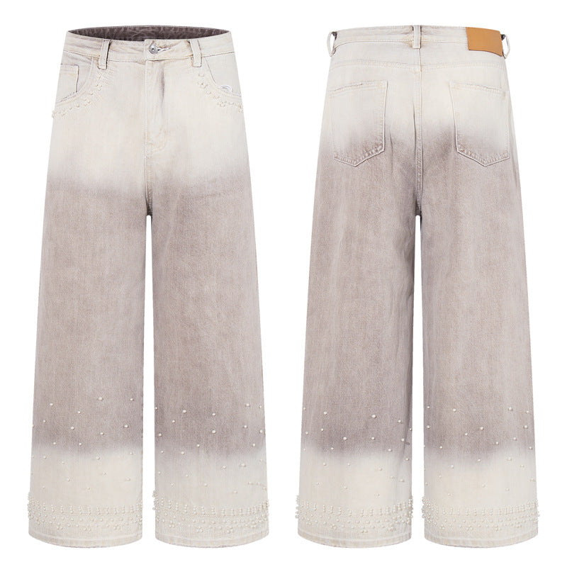 Vintage Gradient Beaded Design Denim Pants