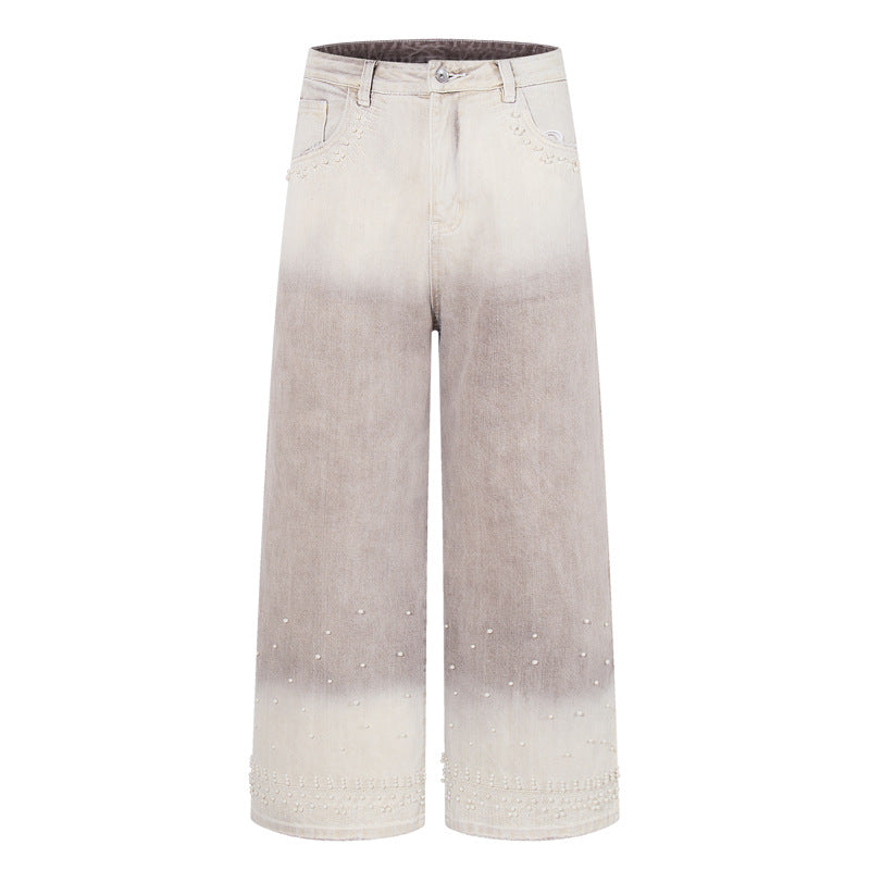 Vintage Gradient Beaded Design Denim Pants