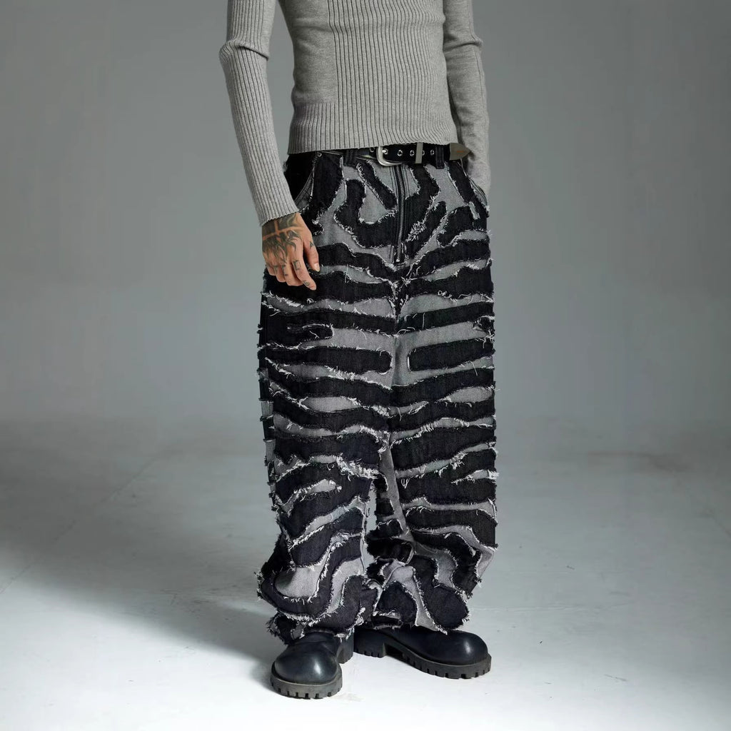 Embroidered zebra striped fringe wide leg denim pants