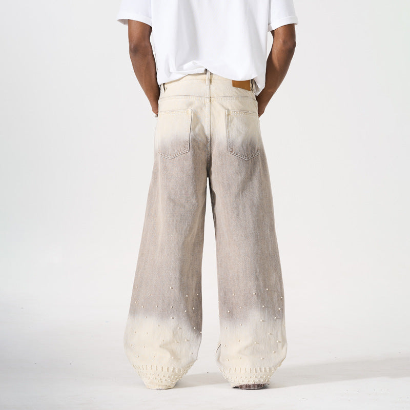 Vintage Gradient Beaded Design Denim Pants