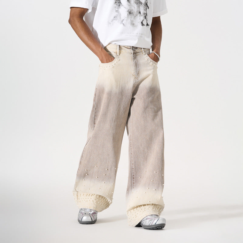 Vintage Gradient Beaded Design Denim Pants