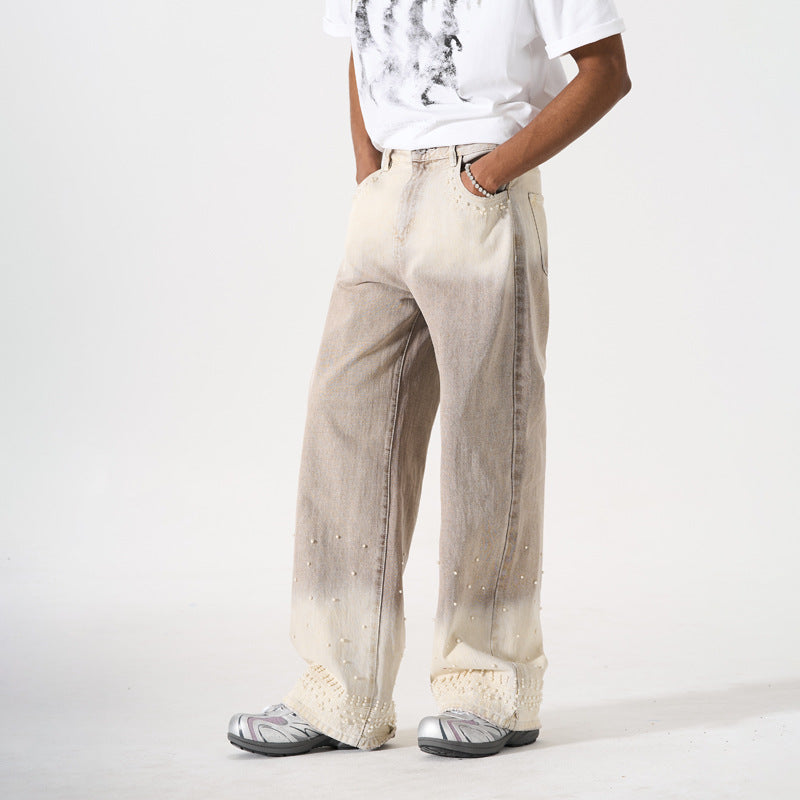 Vintage Gradient Beaded Design Denim Pants